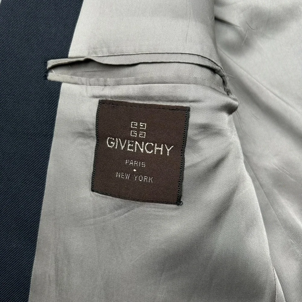 Givenchy Two Button Blazer Mens 42 Navy Blue Ventless Gold Buttons USA *HOLE*